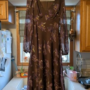 Lauren Ralph Lauren Brown Long-Sleeve Floral Maxi  Dress with Purple Print